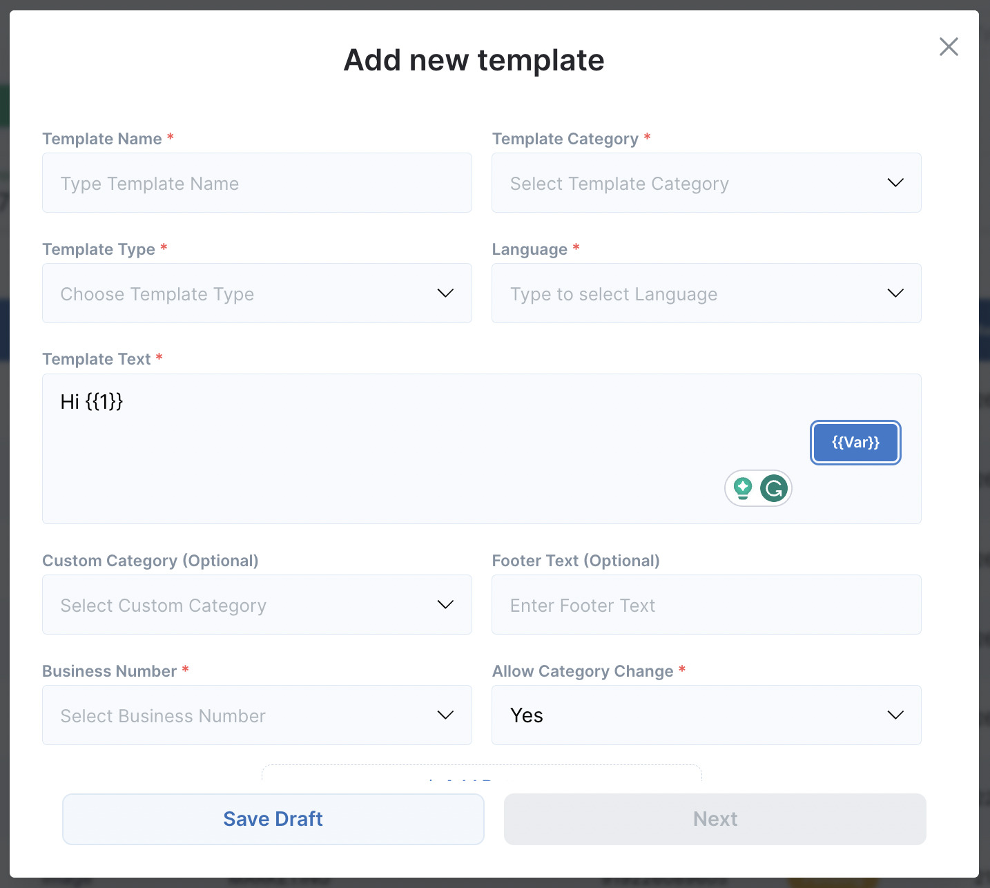 Button to add Variable while Template Creation